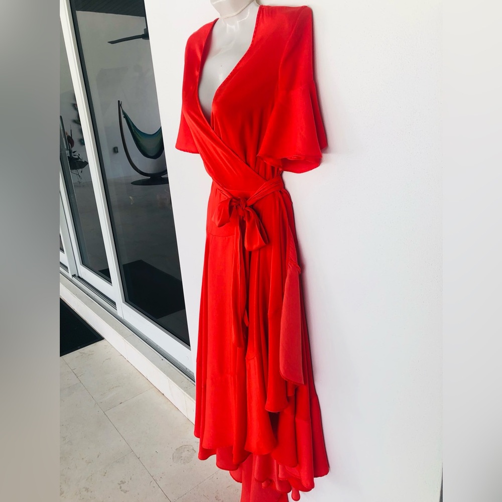 Maje Coral Wrap High-Low Midi Dress with Tie Waist. Size 1 ( S ) - Picture 4 of 12